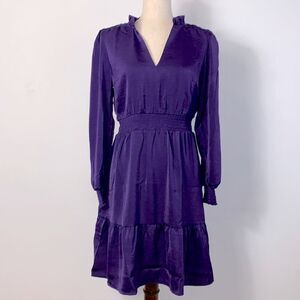NWT Lucky Brand Satin Ruffle Blouson Tiered V-Neck Dress Parachute Purple Sz S